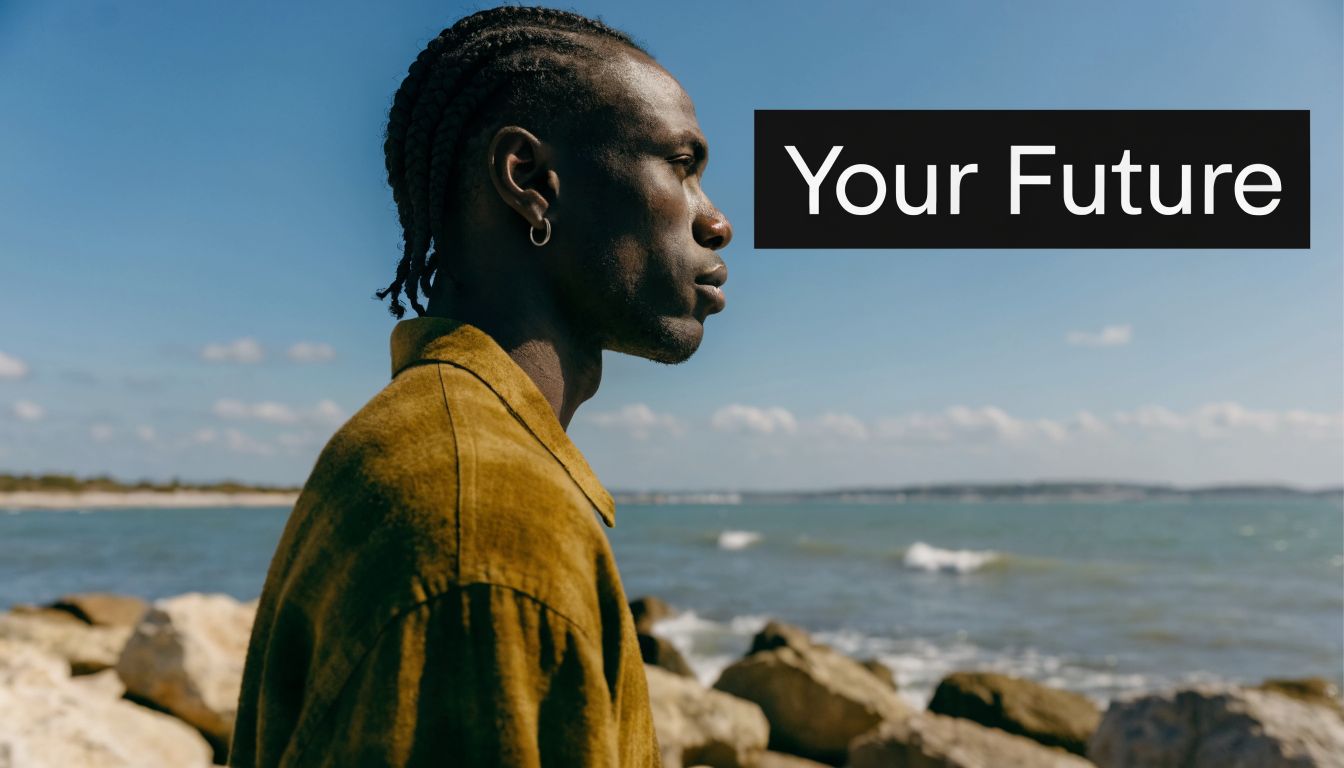 A young man with braided hair looking towards the horizon by the sea with the text Your Future.