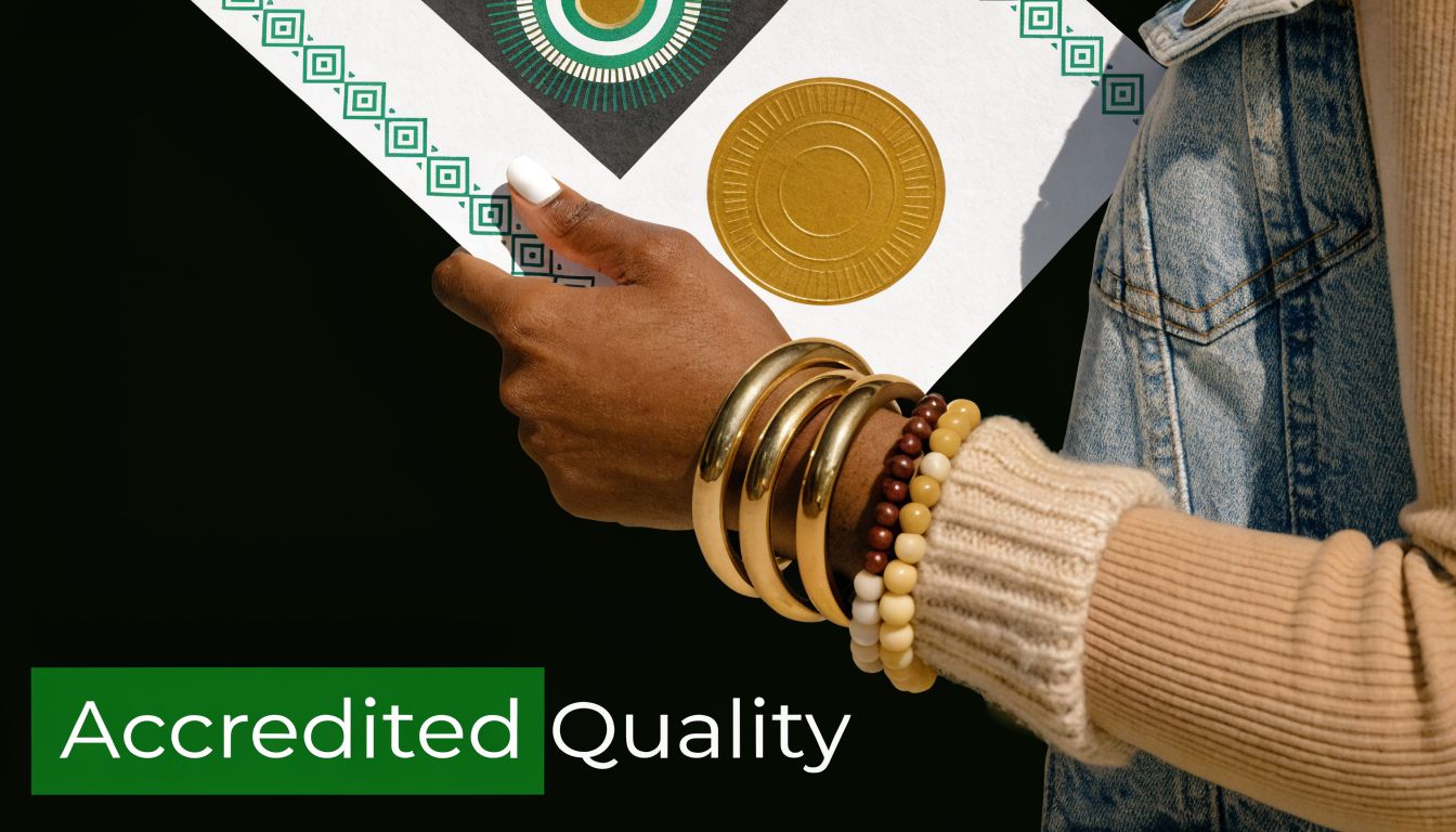 A close-up of a person's hand holding a document with geometric designs and a gold seal.