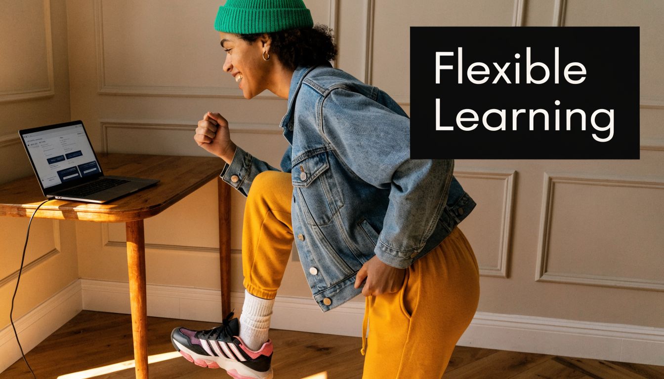 A person in a beanie and denim jacket exercising while viewing online classes on a laptop