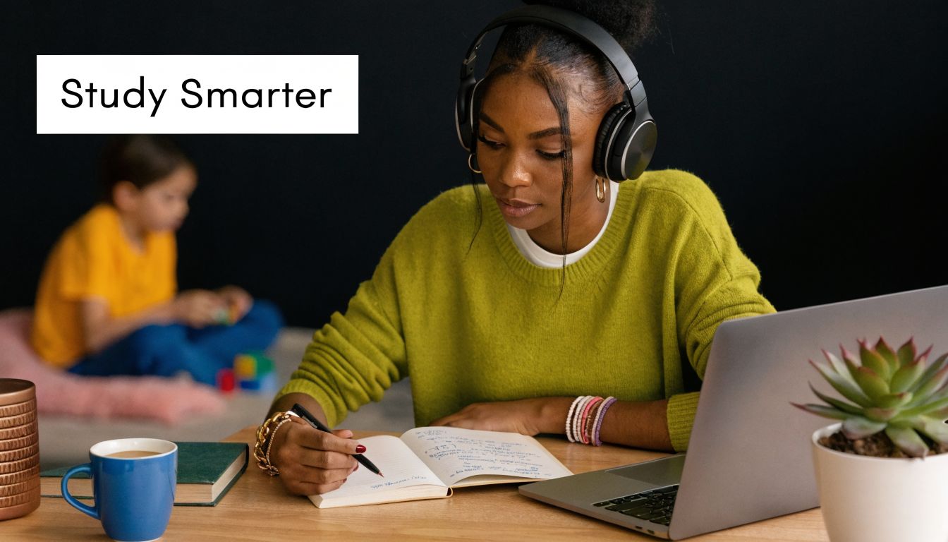 A focused young woman wearing headphones studies at a desk with a laptop and notebook nearby.