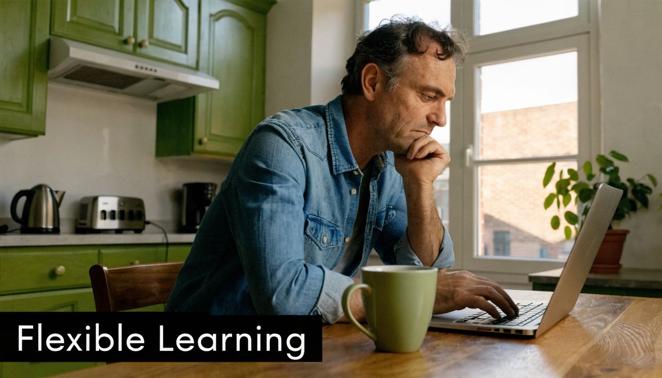 A middle-aged man thinking while working on his laptop in a kitchen with the text Flexible Learning.