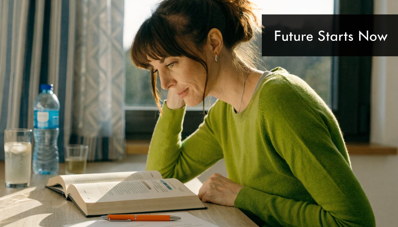 A woman in a green sweater reads a book while sitting at a desk with a drink.