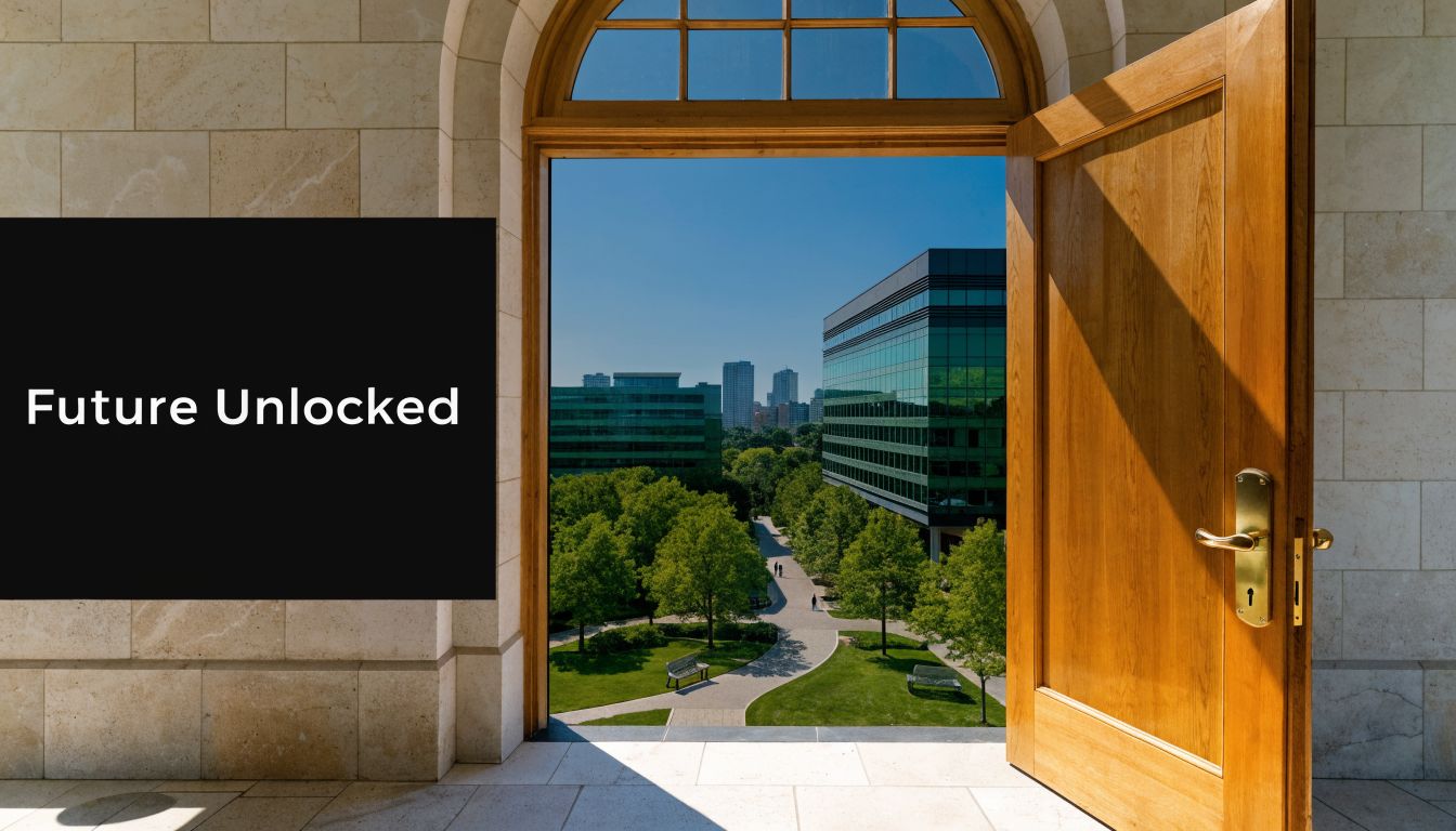 An open wooden door reveals a sunny view of a green park and modern office buildings.