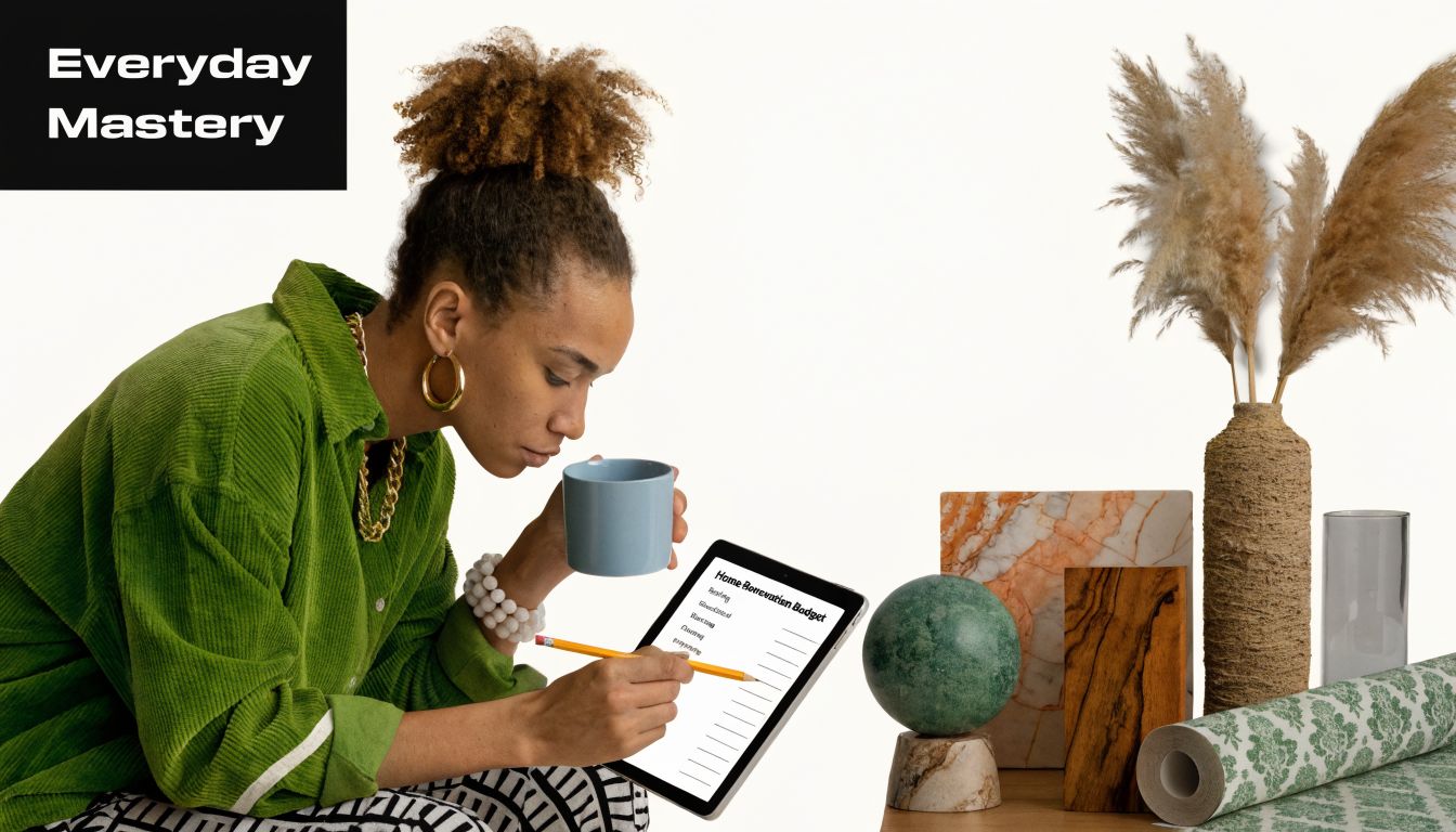 A woman in a green shirt works on her home renovation budget on a digital tablet.