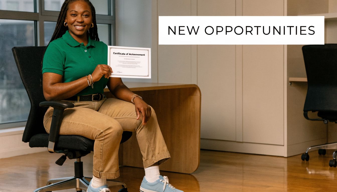 A smiling young woman in an office setting holding a certificate of achievement, promoting new career opportunities.