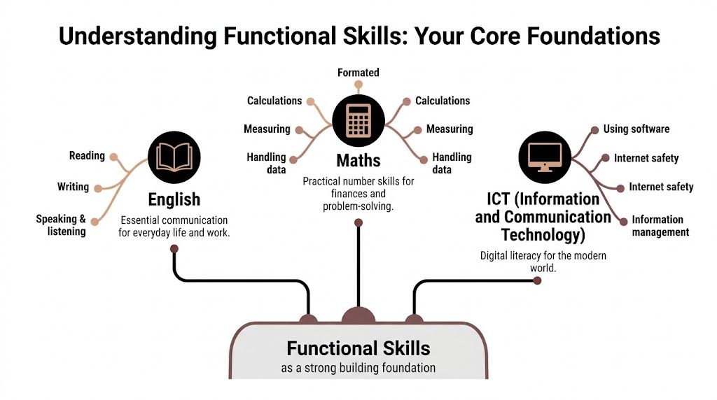 A mind map illustrating functional skills comprising English, Maths, and ICT as essential core foundations for development.