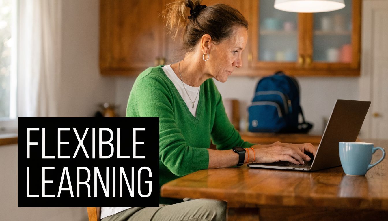 A middle-aged woman sitting at a table at home, focused on typing on her laptop computer.