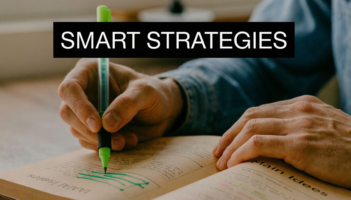 A close-up view of a person using a green pen to highlight text in an open notebook.