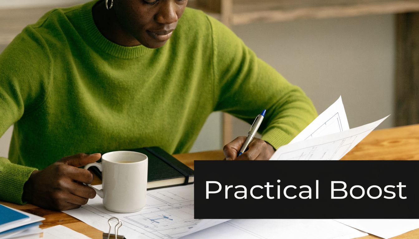 A person in a green sweater working with blueprints and a coffee cup at a wooden desk.