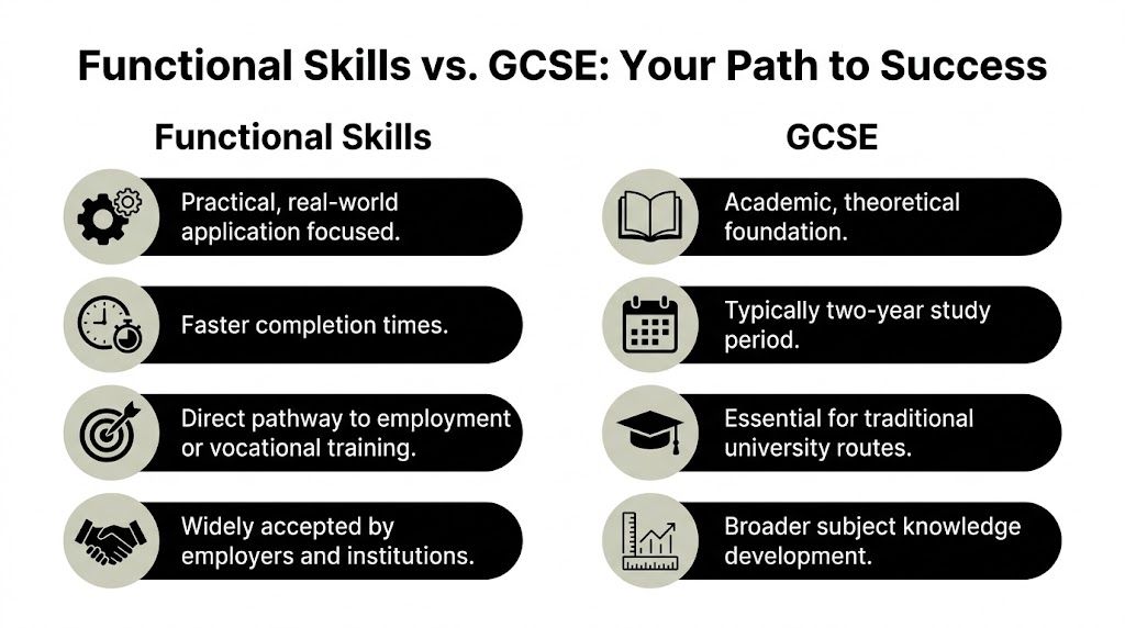 A comparison infographic showing the key differences between Functional Skills and GCSE qualifications for educational pathways.