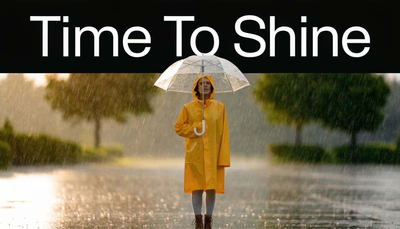 A person in a yellow raincoat standing in the rain under a clear umbrella looking up
