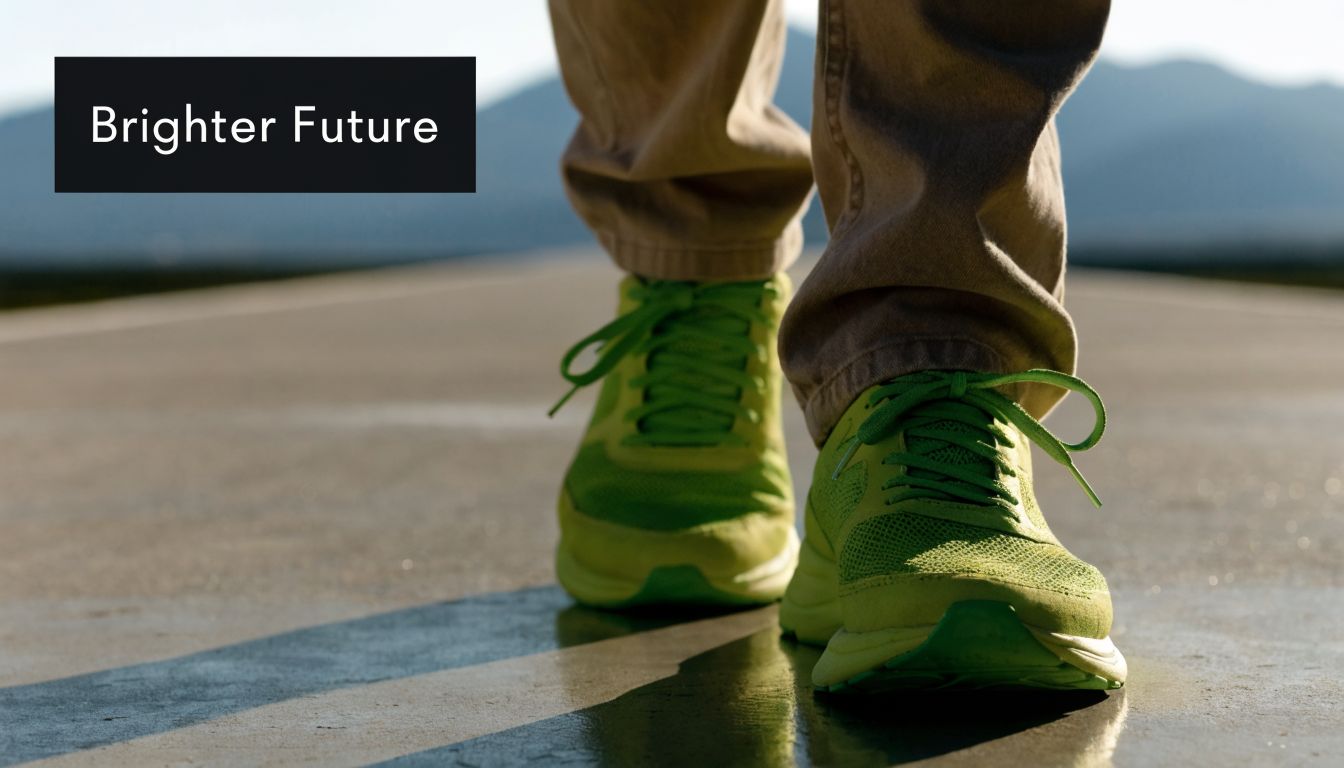 A person walking on a road in neon green athletic shoes toward a brighter future.