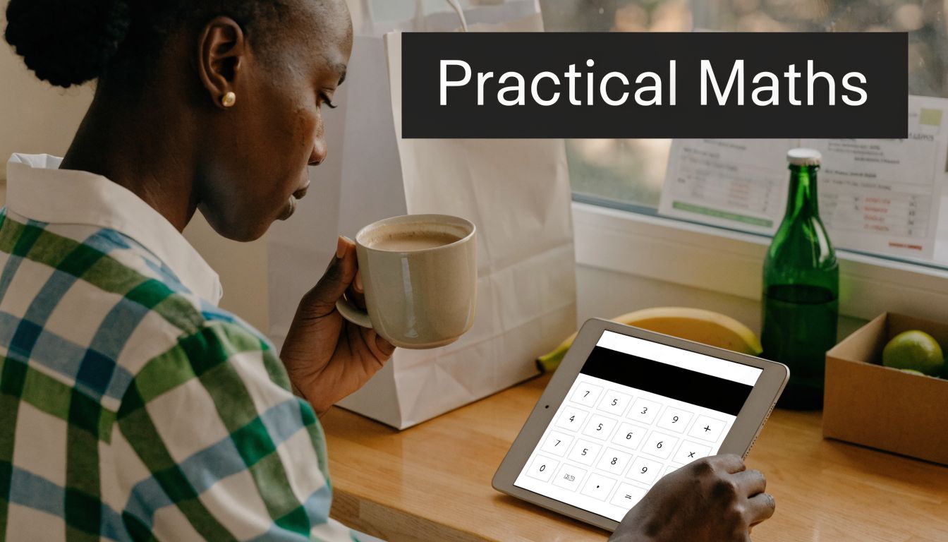 A person holding a coffee mug and looking at a tablet displaying a calculator interface.
