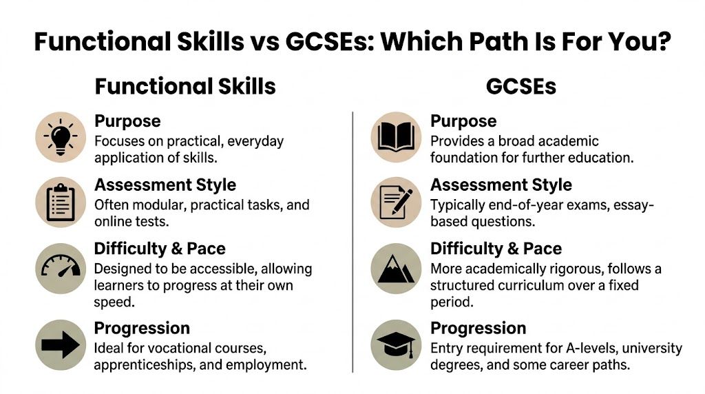 A comparison chart highlighting the key differences between Functional Skills and GCSE educational qualifications for students.