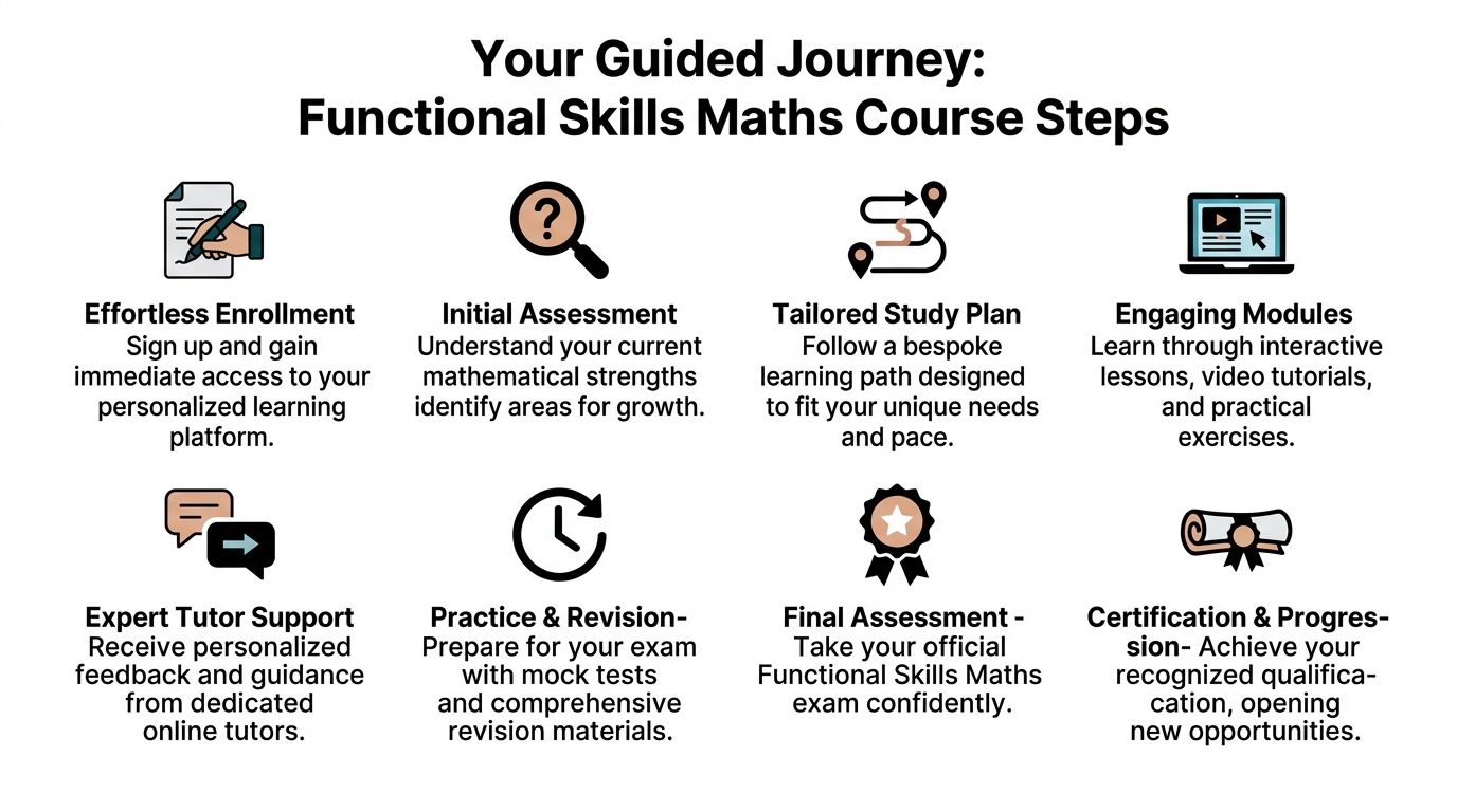 A visual guide illustrating the step-by-step process of an online functional skills maths learning course.