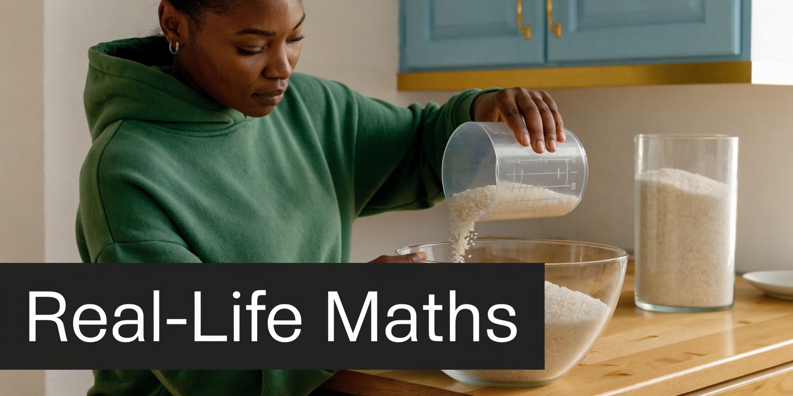 A woman pouring rice from a measuring cup into a bowl to practice cooking measurements.