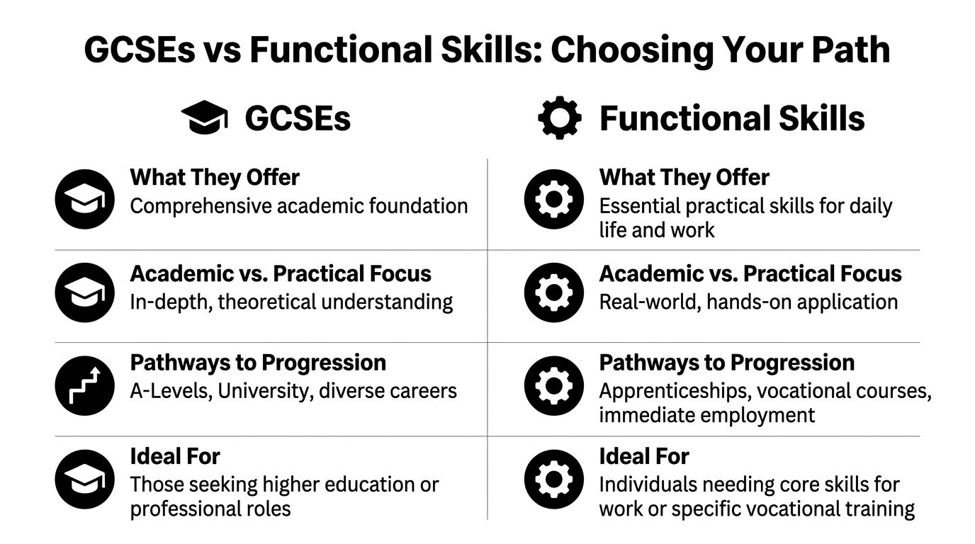 A comparison chart outlining the differences between GCSEs and Functional Skills for educational choices.