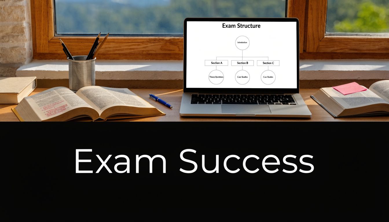 A laptop showing an exam structure diagram on a study desk with open books and pens.