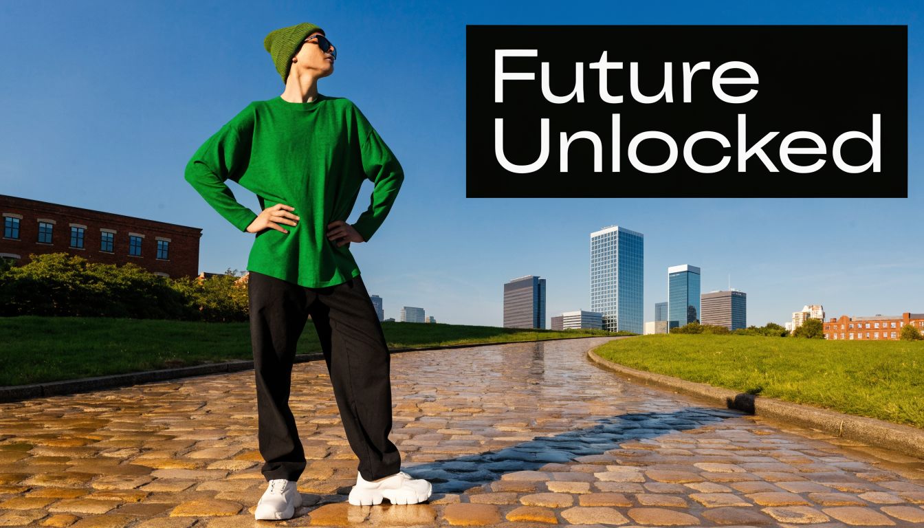 A person standing confidently on a cobblestone path against a background of a city skyline.