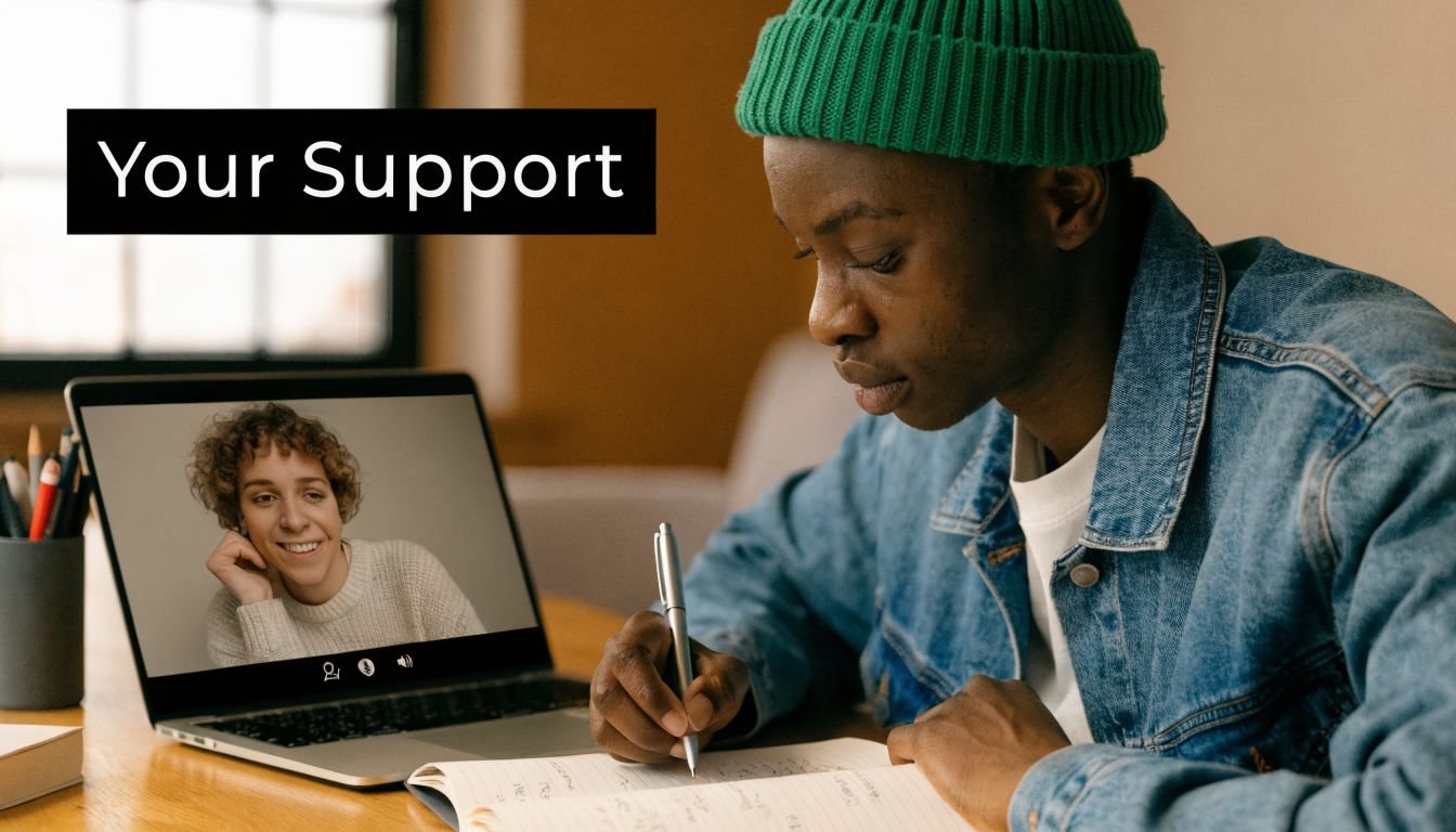 A young man wearing a green beanie writing in a notebook during a video call on his laptop.