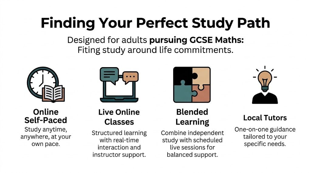 An infographic showing four flexible study methods for adults pursuing GCSE maths to fit life commitments.