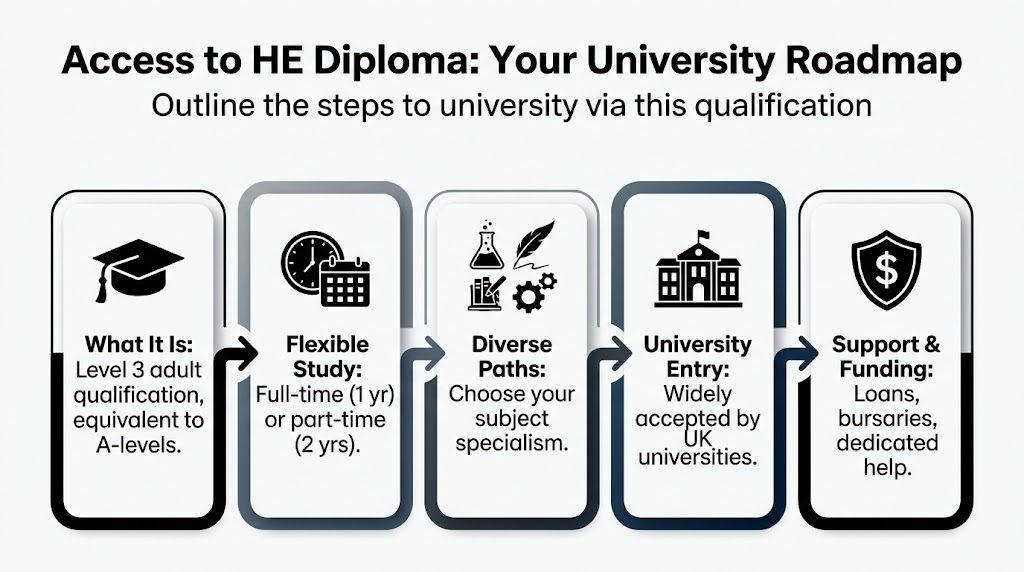 A roadmap infographic explaining the Access to HE Diploma steps for gaining entry into UK universities.
