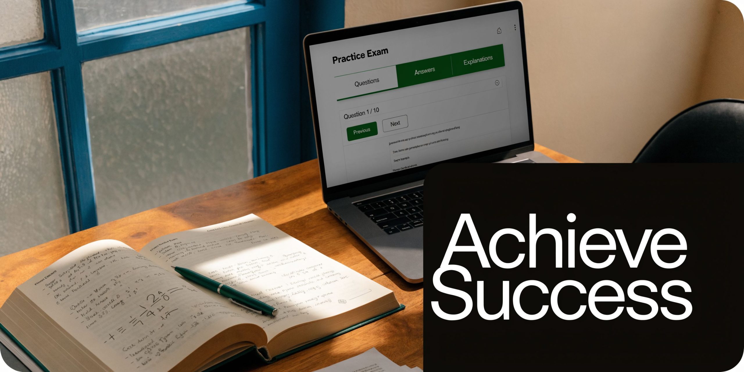 Open textbook with handwritten math notes and a laptop displaying a practice exam on a desk.