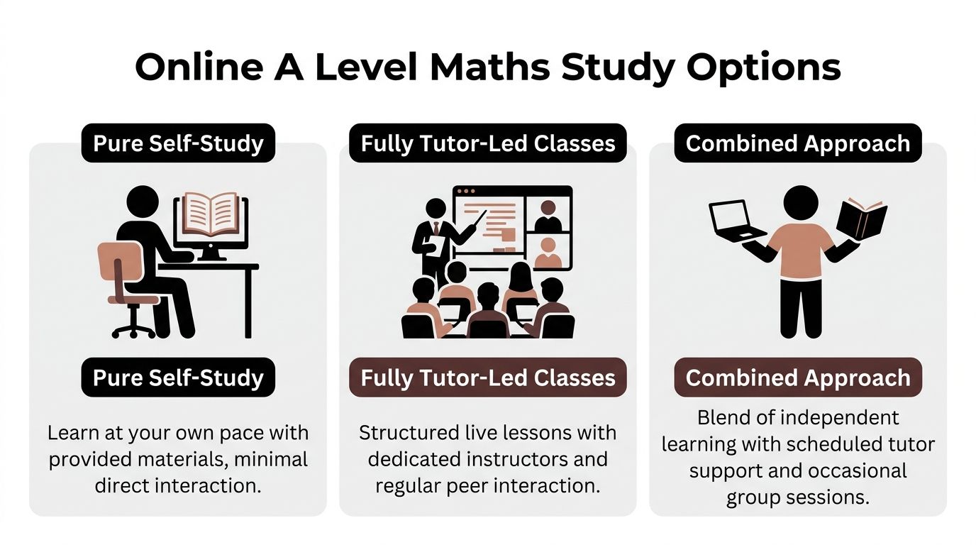 A diagram comparing three online A-level maths study methods: self-study, tutor-led classes, and a combined approach.