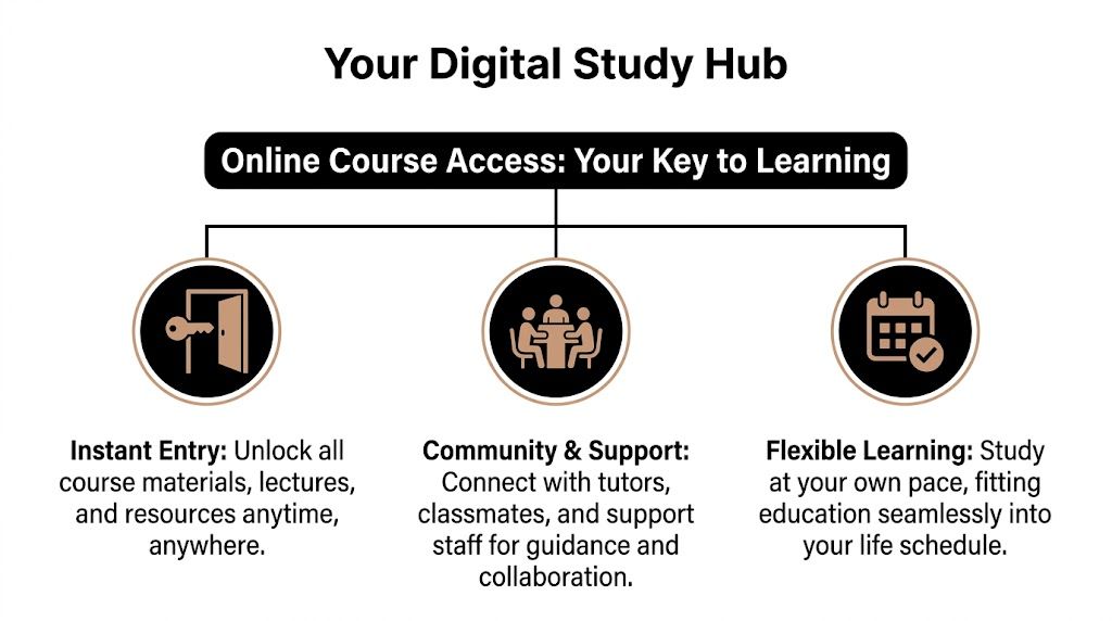 A diagram illustrating the benefits of an online study hub including instant access, community support, and flexibility.