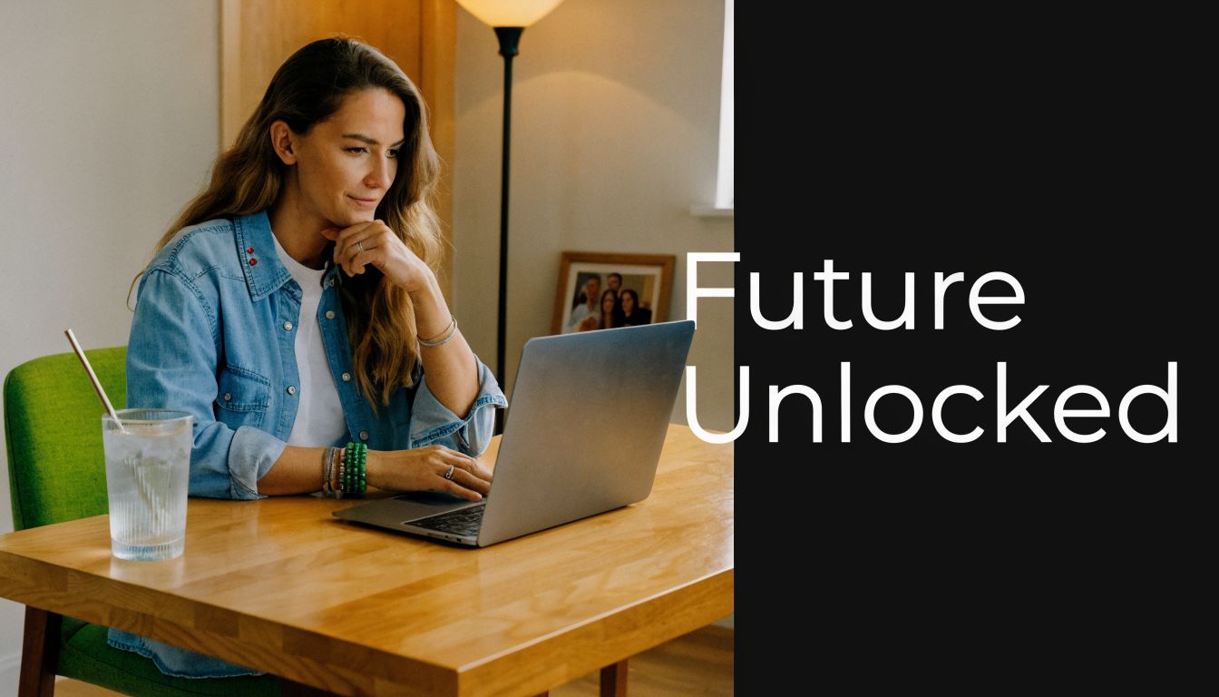 A young woman wearing a denim shirt works on a laptop at a wooden table in her home.