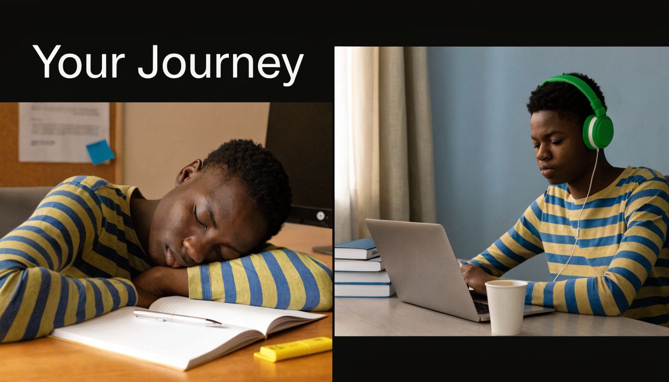 A student in a striped shirt sleeping on a book and then studying with headphones and laptop.