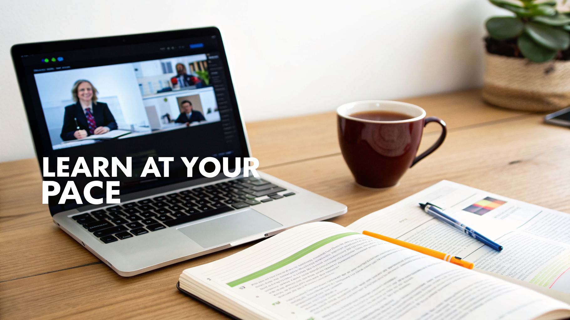 Online learning setup with laptop video call, coffee, and study materials on a wooden desk.