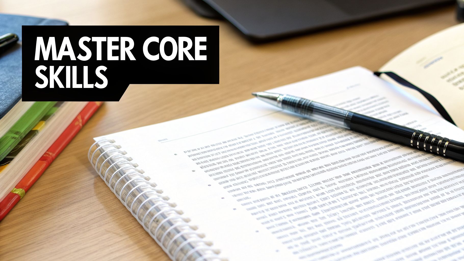 A desk with notebooks and a pen next to a document with 'MASTER CORE SKILLS' text.