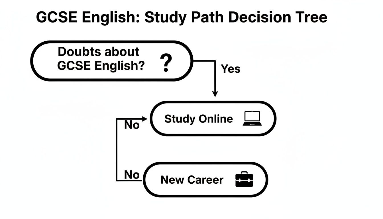 A GCSE English study path decision tree showing options to study online or pursue a new career.