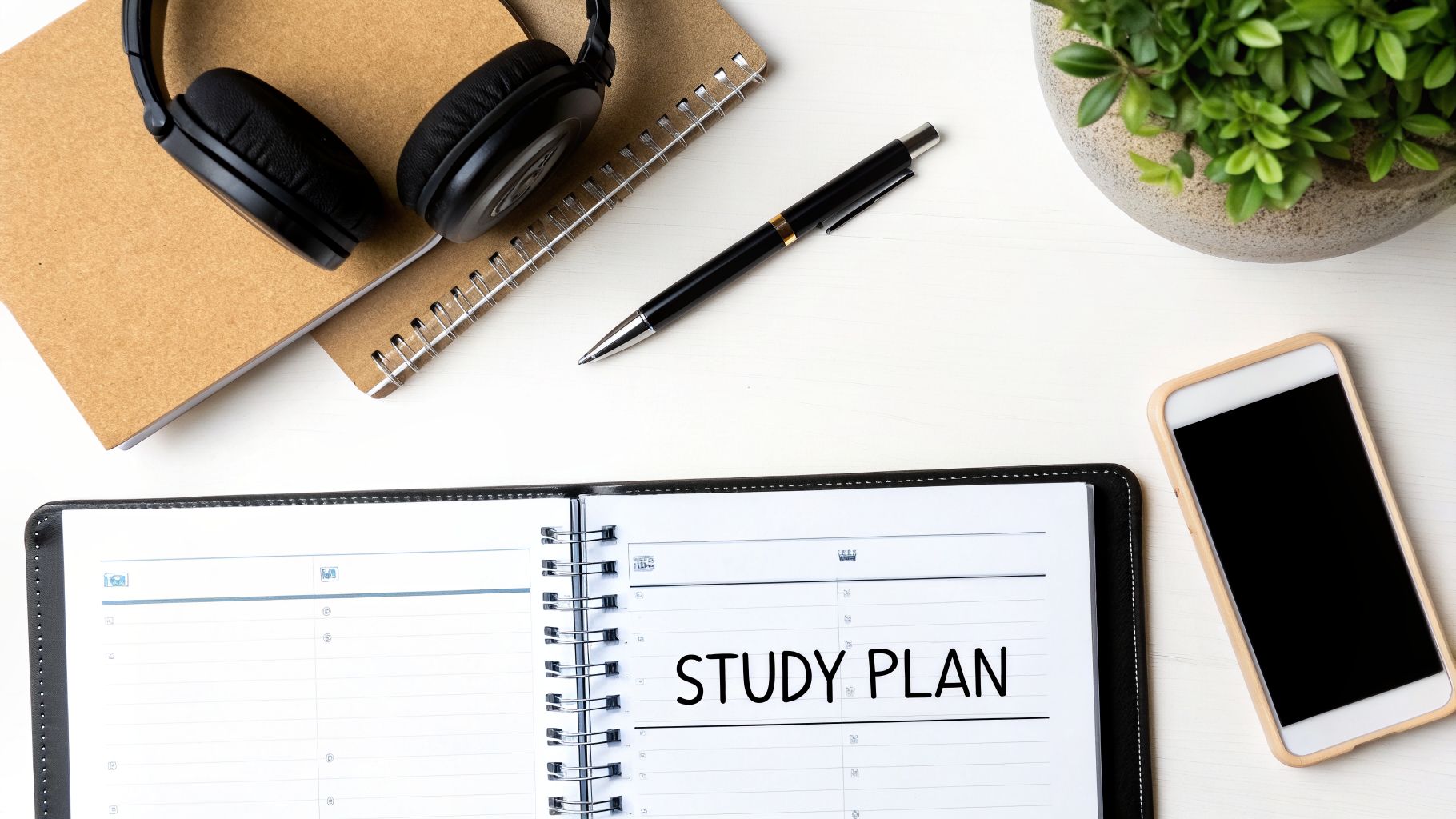 Top-down view of a study desk with an open notebook showing 'STUDY PLAN', headphones, and a phone.