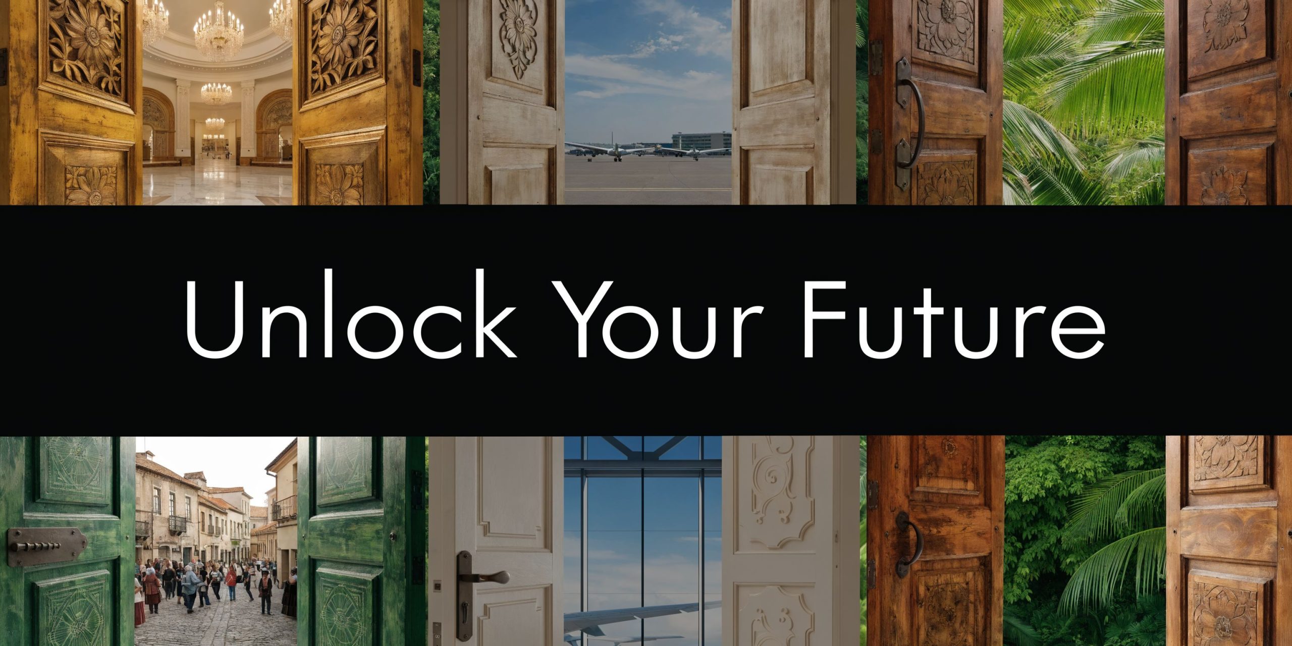 A creative composition of open wooden doors revealing diverse travel destinations like airports, cities, and tropical landscapes.