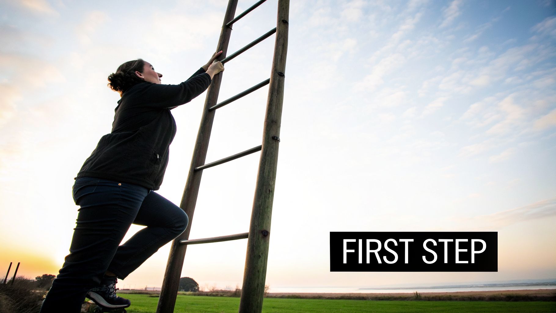 A person takes the first step climbing a wooden ladder towards a bright, cloudy sky at sunset.