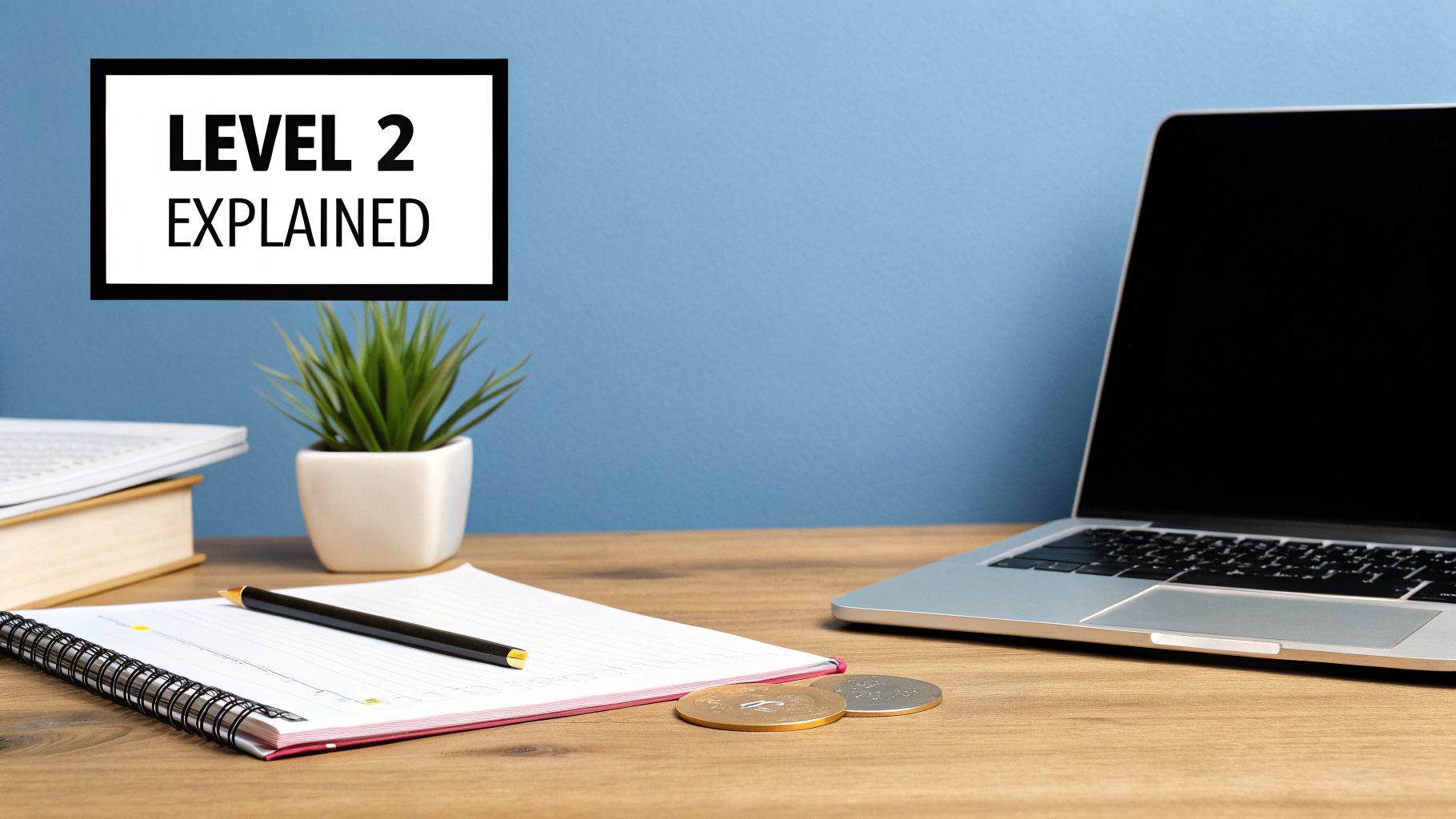 A modern study setup with a laptop, plant, books, and a 'LEVEL 2 EXPLAINED' sign.