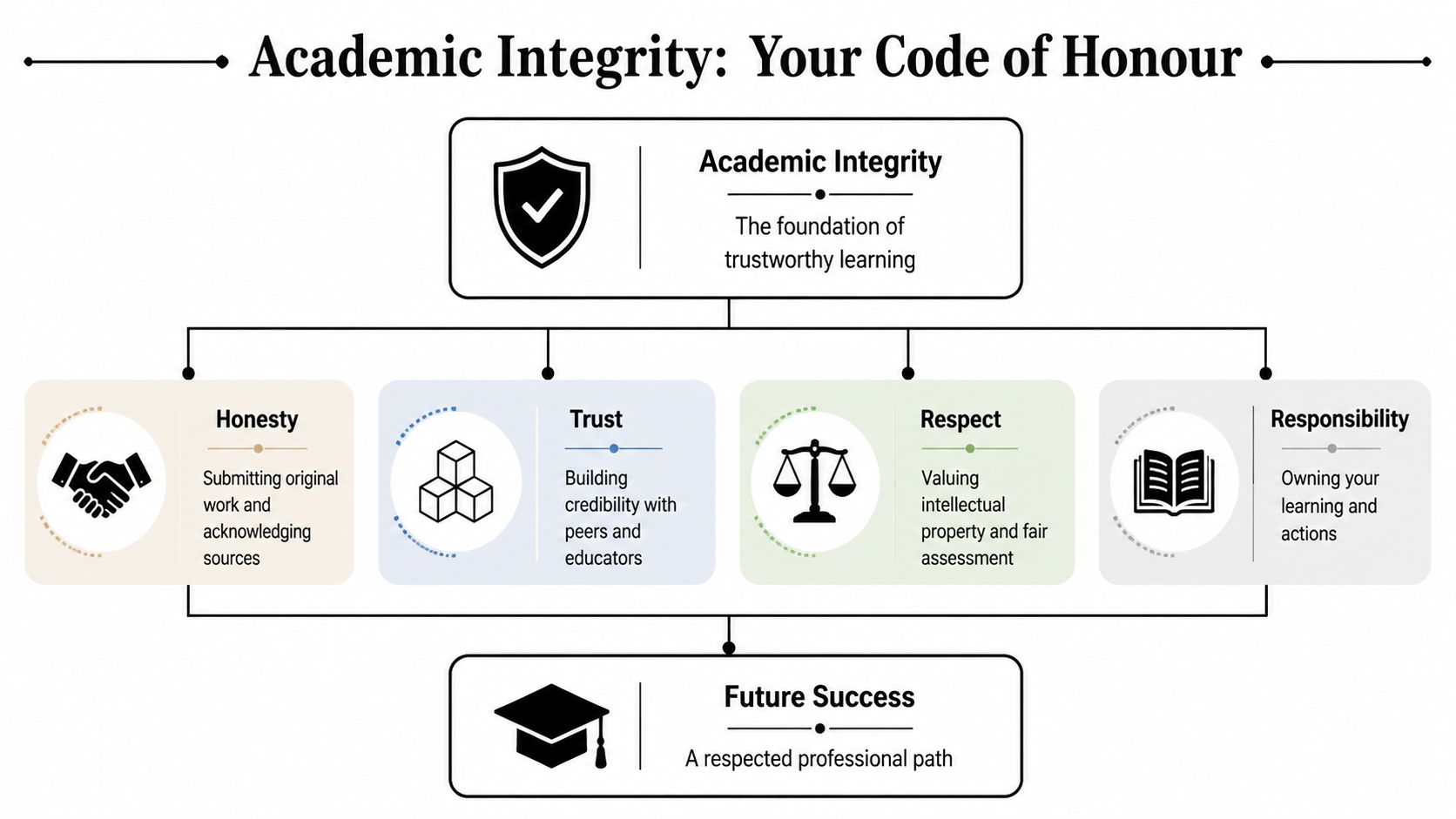 An infographic titled Academic Integrity featuring core values like honesty, trust, respect, and responsibility leading to success.