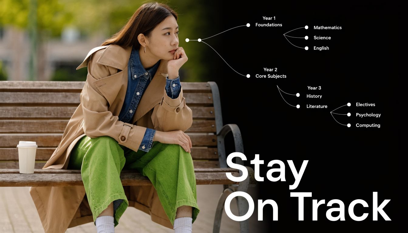 A young woman sitting on a park bench beside an academic path diagram titled Stay On Track.