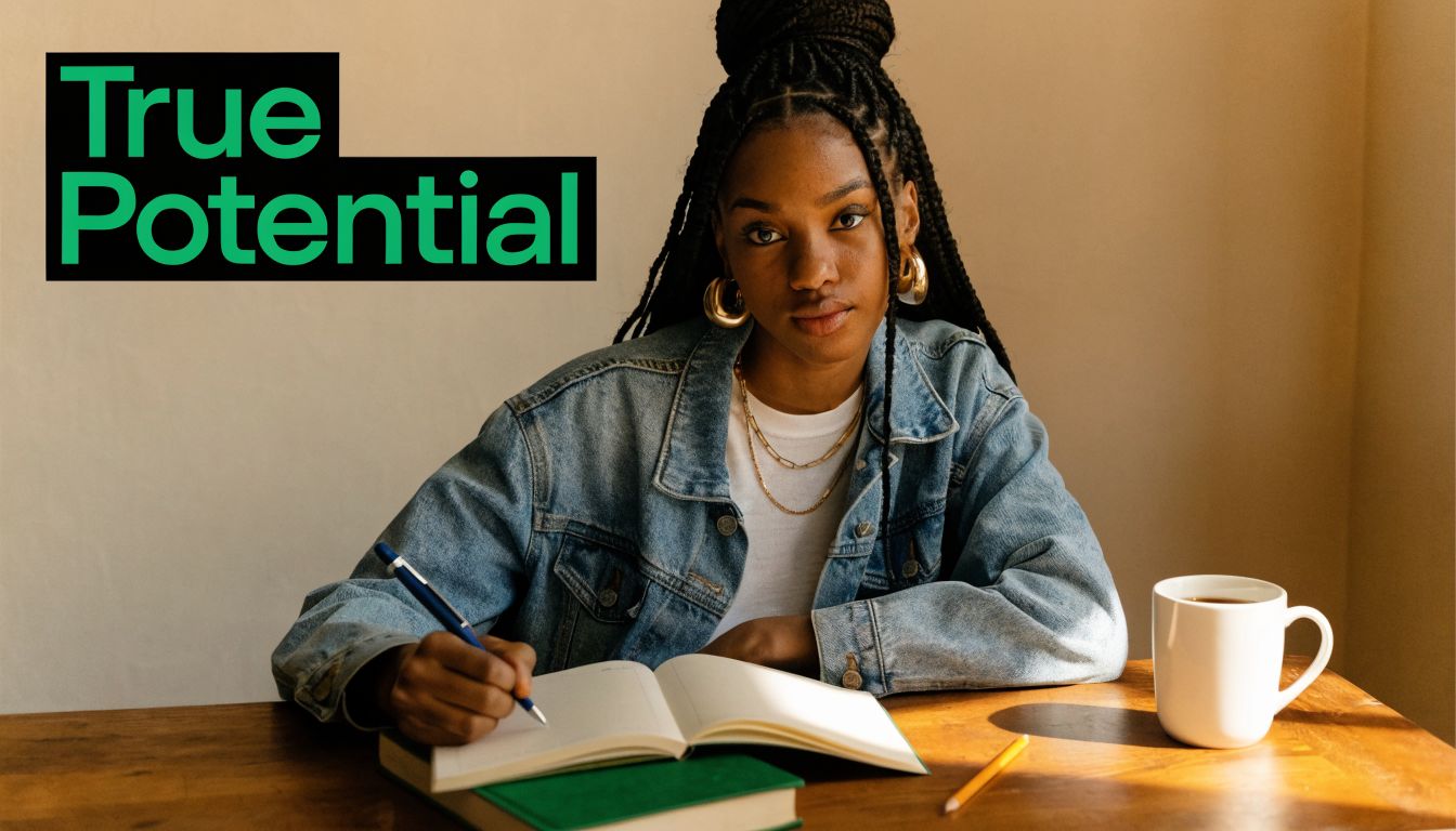 A focused young woman with braided hair writing in a notebook at a desk with a coffee mug.