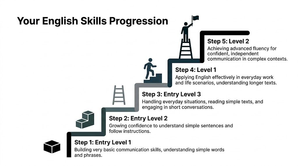 An infographic showing the five steps of English skills progression, from Entry Level 1 to Level 2.