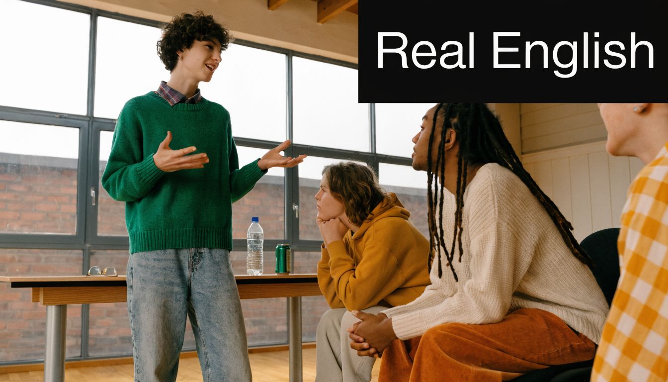 A group of diverse young students participating in a collaborative classroom discussion about English studies.