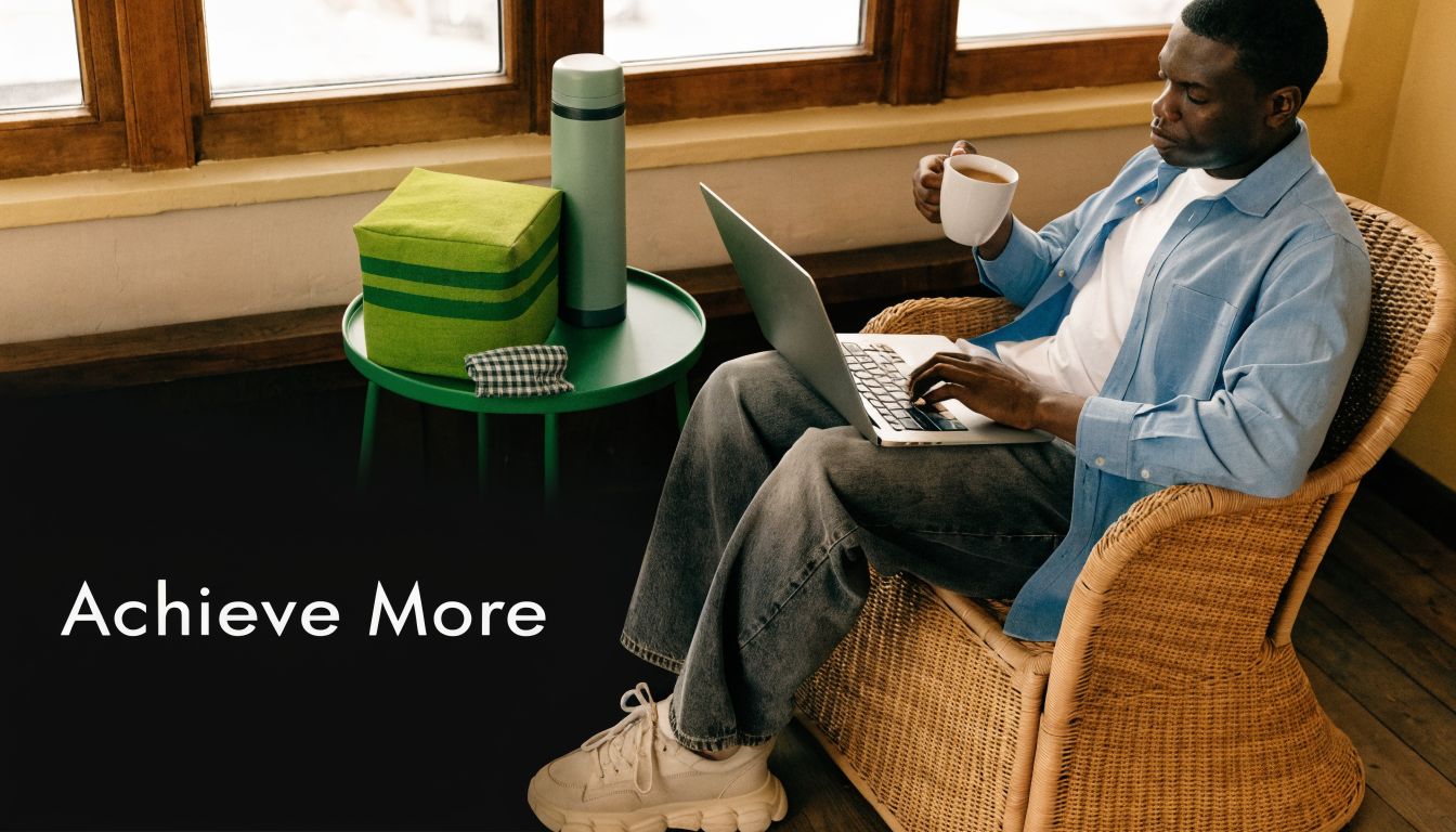 A young Black man sitting in a wicker chair working on a laptop while holding a coffee cup.