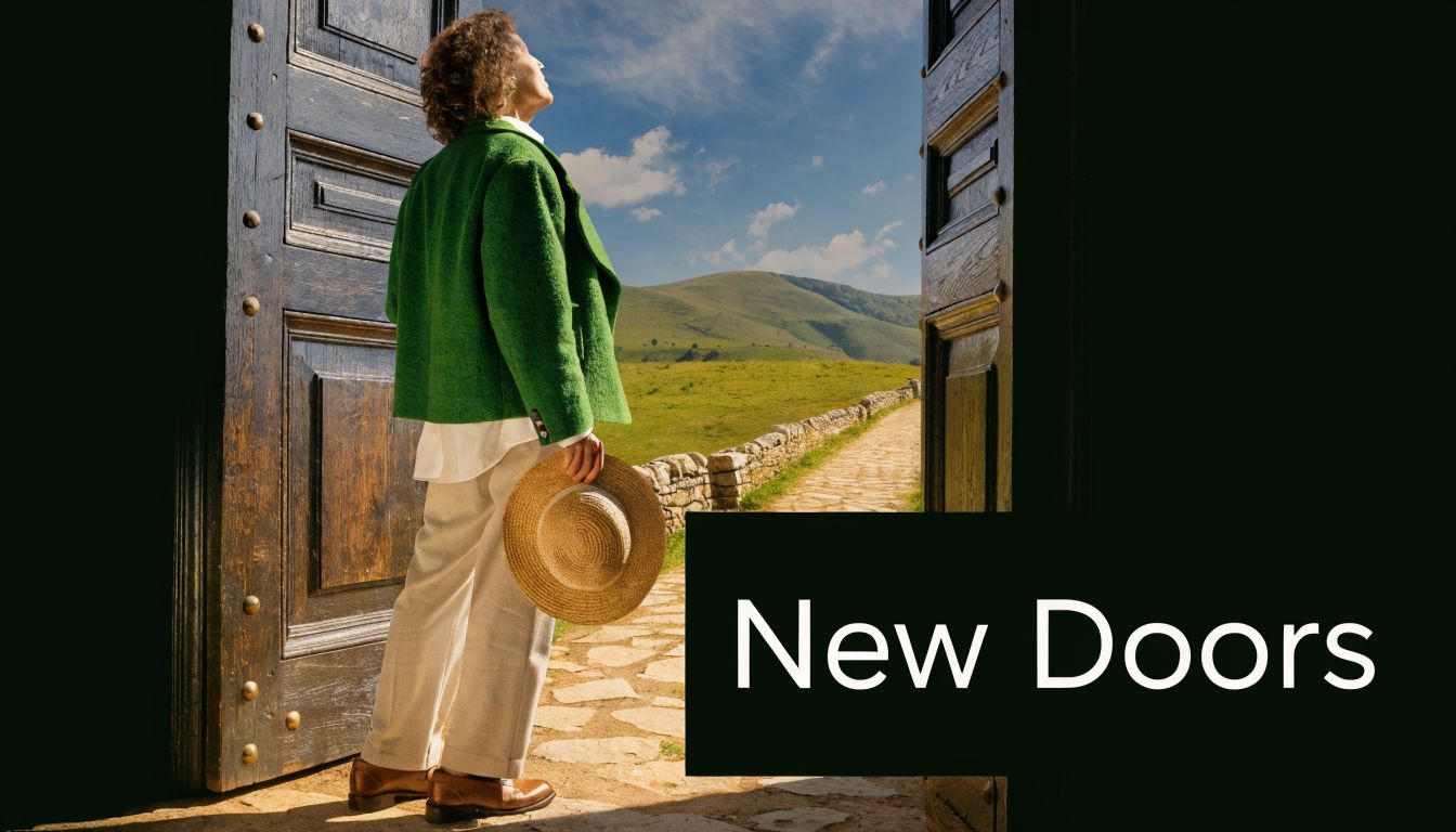 A woman stands in an open doorway looking out at a scenic green rolling countryside landscape.