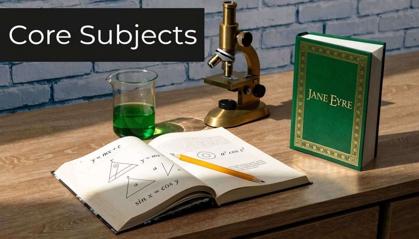 A wooden table featuring a microscope, a beaker of green liquid, a math textbook, and Jane Eyre.