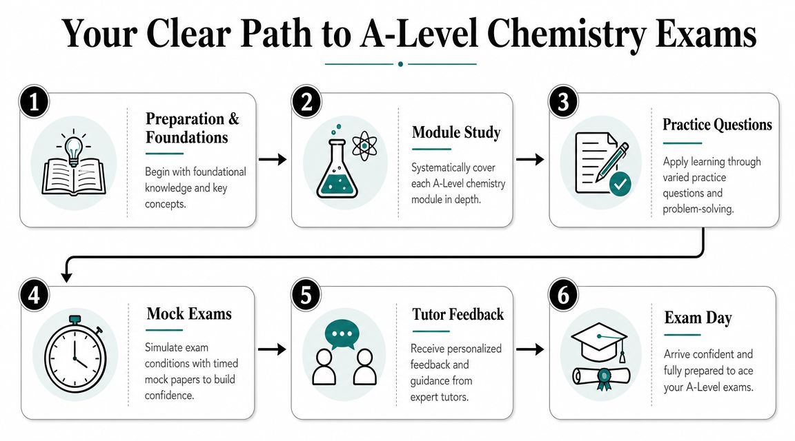 A six-step infographic guide illustrating the pathway for students to prepare for A-Level chemistry exams successfully.