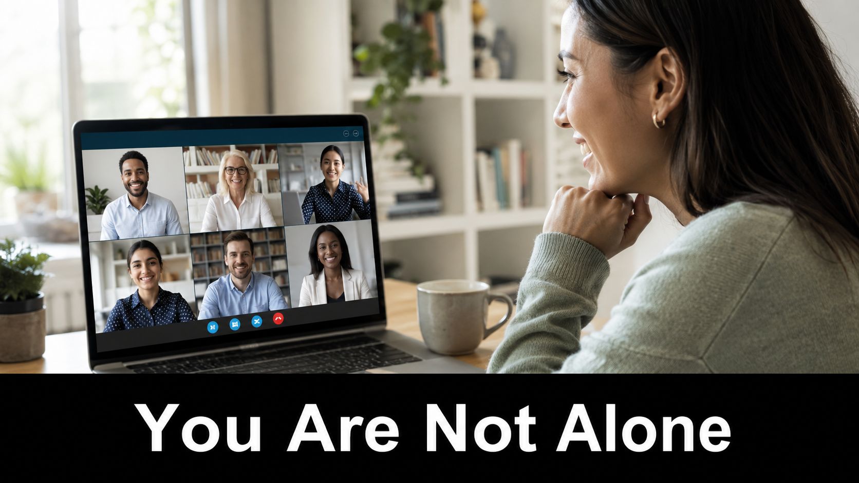 A woman participating in a video conference call with colleagues on her laptop at home.