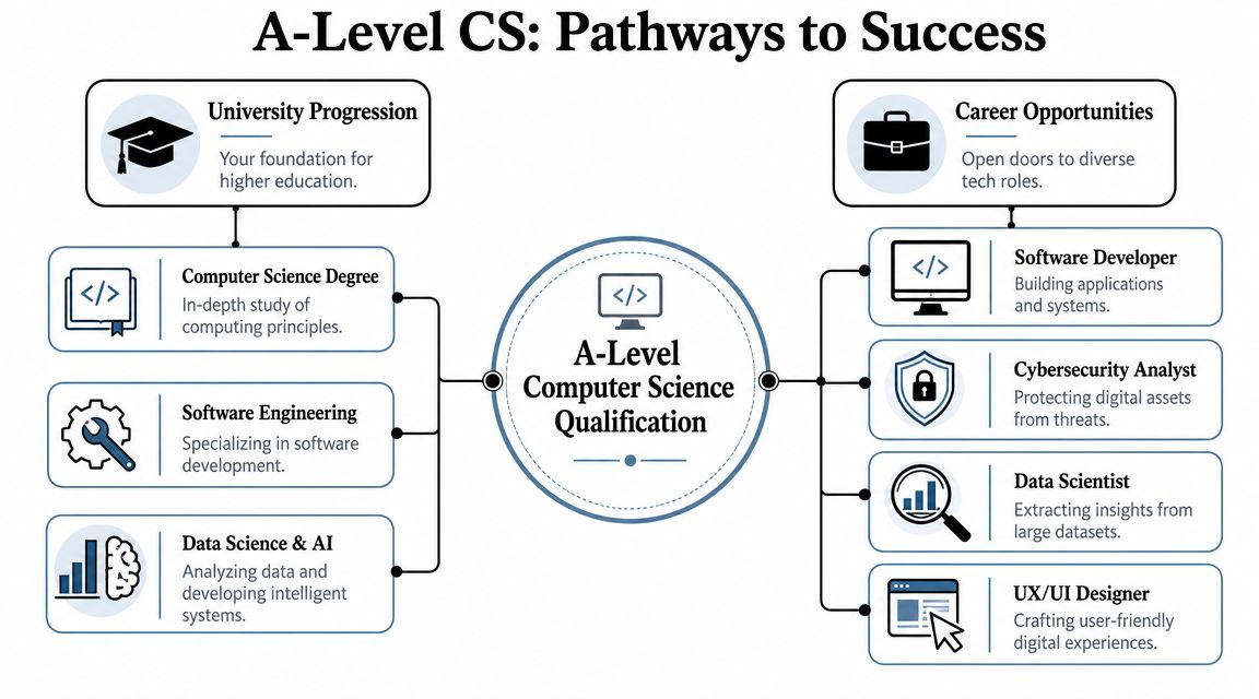A diagram outlining university and career pathways for students who achieve an A-Level Computer Science qualification.