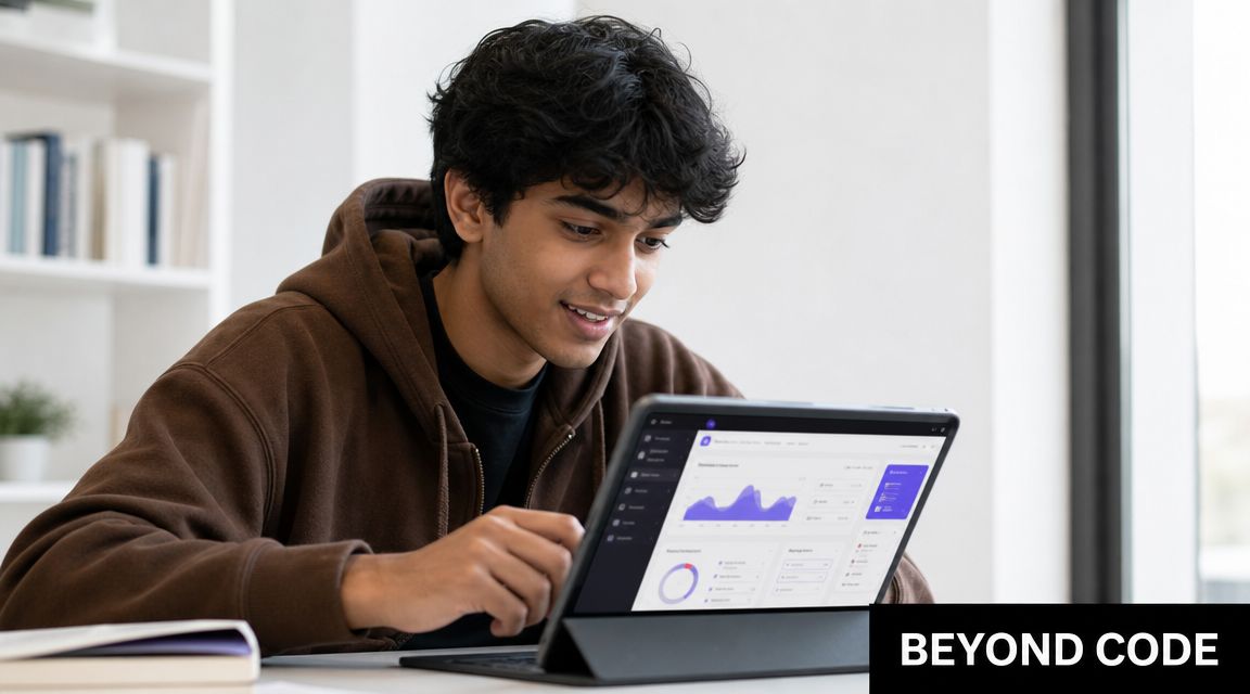 A young male student focused on his laptop screen while studying for a-level computer science courses.